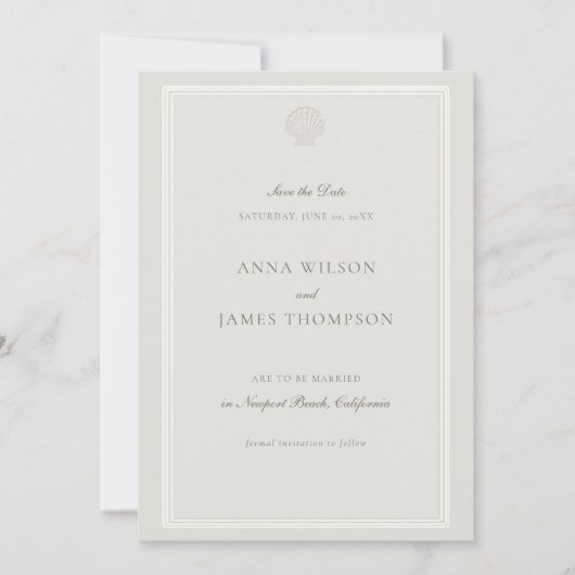 Nautical Seashell Classic ECRU formele bruiloft Save The Date (Voorkant)