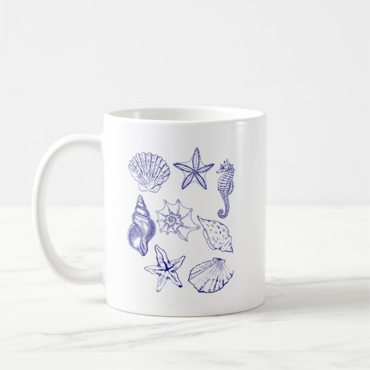 Nautical Seashell Mok – Blue Line Art Ocean cup (Links)