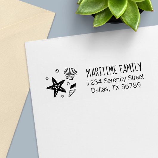 Nautical Seashell Starfish Pearls Family Address Zelfinktende Stempel