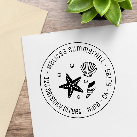 Nautical Seashell Starfish Pearls Round Address Rubberstempel