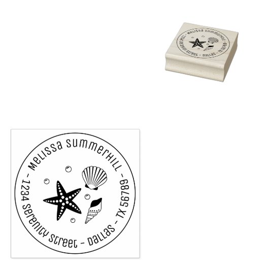 Nautical Seashell Starfish Pearls Round Address Rubberstempel (Gestempeld)