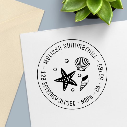 Nautical Seashell Starfish Pearls Round Address Zelfinktende Stempel
