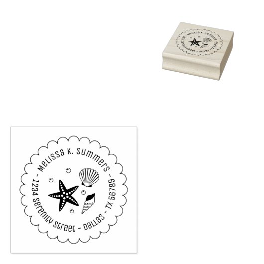 Nautical Seashell Starfish Scalloped Address Rubberstempel (Gestempeld)