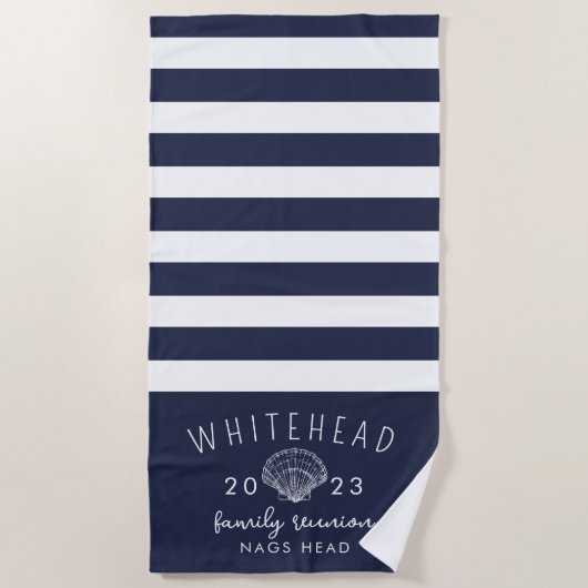 Nautical Seashell Stripe Navy Monogram Strandlaken (Voorkant)