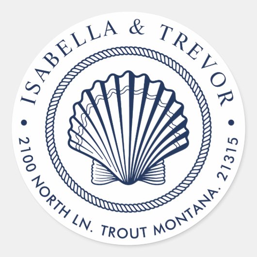 Nautical  Seashell wit retouradres Ronde Sticker (Voorkant)
