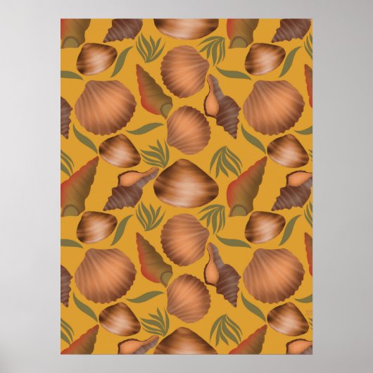 Nautical Seashell Yellow Pattern Poster (Voorkant)