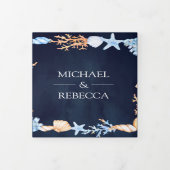 Nautical Seashells Navy Blue Photo Collage Weddens Drieluik Uitnodiging (Cover)