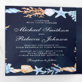 Nautical Seashells Navy Blue Photo Collage Weddens Drieluik Uitnodiging (Binnenzijde eerst)