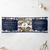 Nautical Seashells Navy Blue Photo Collage Weddens Drieluik Uitnodiging (Binnen)