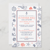 Nautical Seaside Beach Navy Blue/Coral Invitation Kaart (Voorkant)
