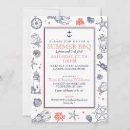 Nautical Seaside Beach Navy Blue/Coral Invitation Kaart