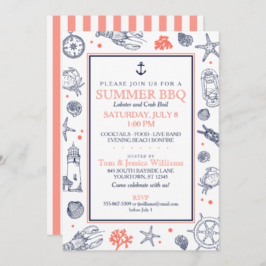 Nautical Seaside Beach Navy Blue/Coral Invitation Kaart (Voorkant / Achterkant)