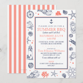 Nautical Seaside Beach Navy Blue/Coral Invitation Kaart