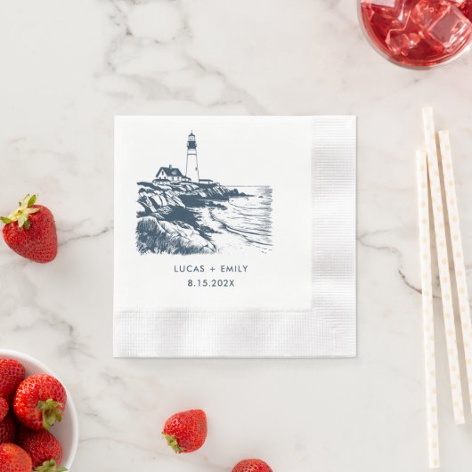 Nautical Seaside Lighthouse Dark Blue Wedding Servet (Insitu)