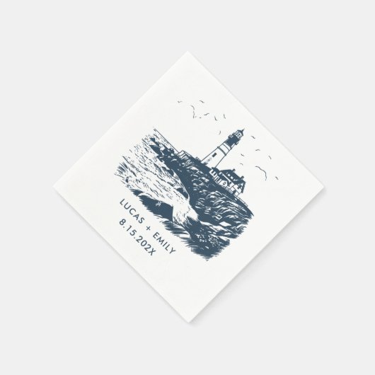 Nautical Seaside Lighthouse Dark Blue Wedding Servet (Hoek)