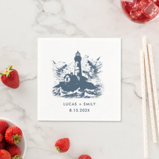 Nautical Seaside Lighthouse Dark Blue Wedding Servet (Insitu)