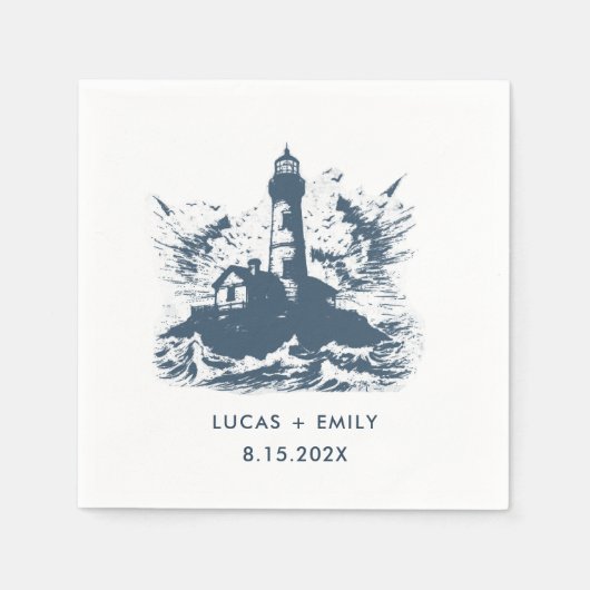 Nautical Seaside Lighthouse Dark Blue Wedding Servet (Voorkant)
