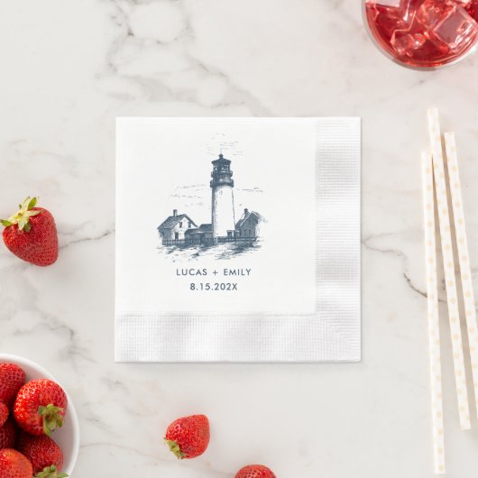 Nautical Seaside Lighthouse Dark Blue Wedding Servet (Insitu)