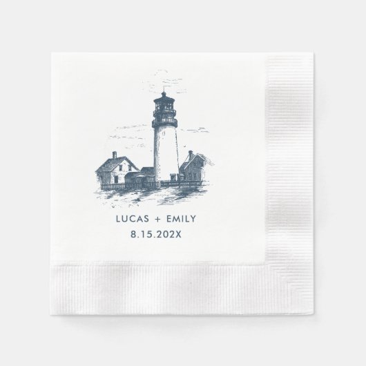 Nautical Seaside Lighthouse Dark Blue Wedding Servet (Voorkant)