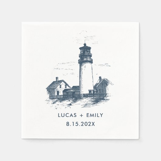 Nautical Seaside Lighthouse Dark Blue Wedding Servet (Voorkant)