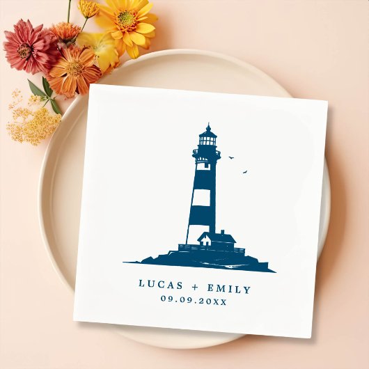 Nautical Seaside Lighthouse Dark Blue Wedding Servet