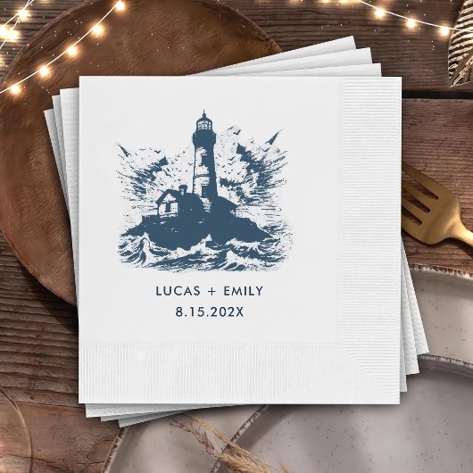 Nautical Seaside Lighthouse Dark Blue Wedding Servet