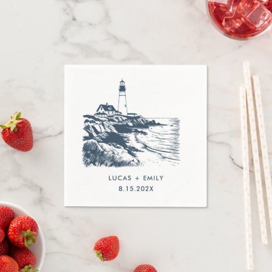 Nautical Seaside Lighthouse Dark Blue Wedding Servet (Insitu)