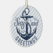 Nautical SEAsons Greetings | Blauwe en witte stree Keramisch Ornament (Rechts)