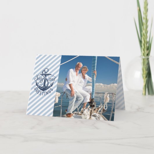 Nautical SEAson's Greetings, Navy Anchor & Stripes Feestdagen Kaart (Voorkant)