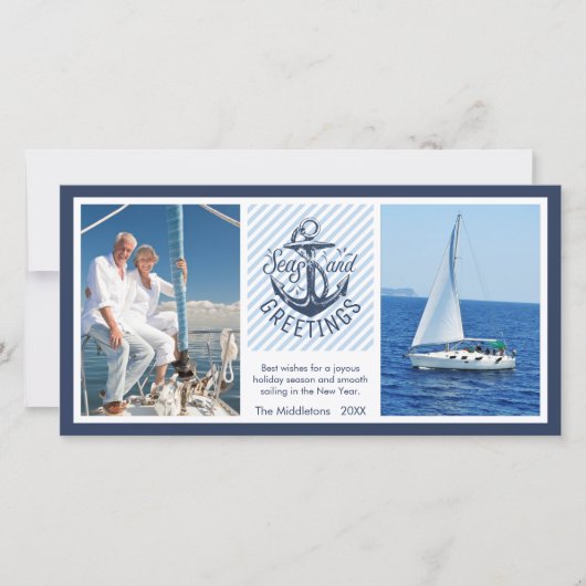 Nautical SEAson's Greetings - Navy & White Stripes Feestdagenkaart (Voorkant)