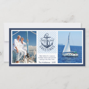 Nautical SEAson's Greetings - Navy & White Stripes Feestdagenkaart