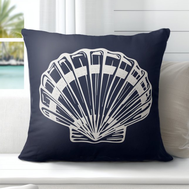 Nautical Shell Marine Blauw Wit Kussen (Discover Gorgeous Coastal Throw Pillows by Totally Coast.)