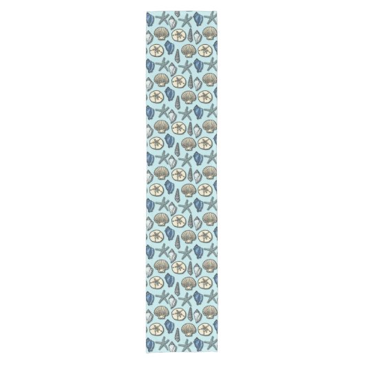 Nautical Shell Starfish Beach Zee Pattern Blue Korte Tafelloper (Voorkant)