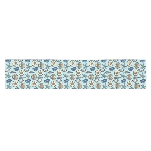 Nautical Shell Starfish Beach Zee Pattern Blue Korte Tafelloper (Horizontaal)
