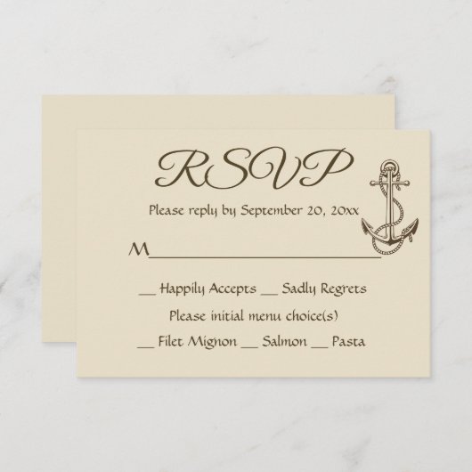 Nautical Ship Anchor Tan RSVP Brown Wedding Party (Voorkant / Achterkant)