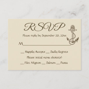 Nautical Ship Anchor Tan RSVP Brown Wedding Party Kaartje