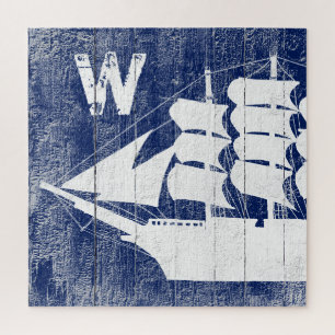 Nautical Ship Blue Beach Wood White Monogram Legpuzzel