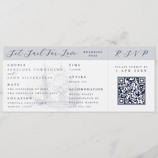 Nautical Ship Boarding Pass Destination Wedding  Kaart (Voorkant)