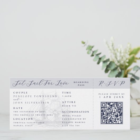 Nautical Ship Boarding Pass Destination Wedding  Kaart (Staand voorkant)