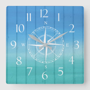 Nautical Ship Compass Blue Wood Textuur Vierkante Klok