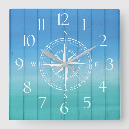 Nautical Ship Compass Blue Wood Textuur Vierkante Klok (Voorkant)