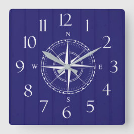 Nautical Ship Compass Navy Blue White Wood Vierkante Klok