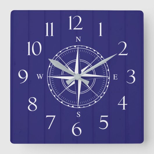 Nautical Ship Compass Navy Blue White Wood Vierkante Klok (Voorkant)