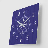 Nautical Ship Compass Navy Blue White Wood Vierkante Klok (Hoek)