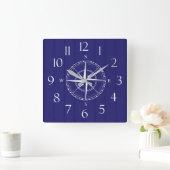 Nautical Ship Compass Navy Blue White Wood Vierkante Klok (Huis)