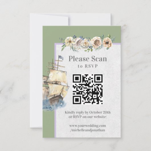 Nautical Ship Floral Wedding Sage Lavender QR Code RSVP Kaartje (Voorkant)