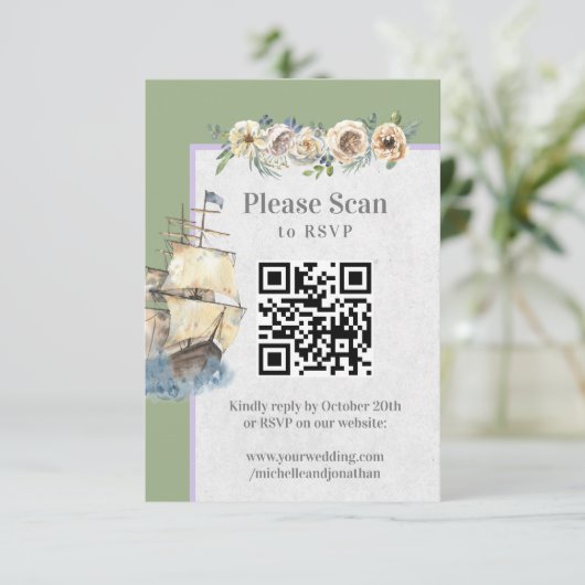 Nautical Ship Floral Wedding Sage Lavender QR Code RSVP Kaartje (Staand voorkant)