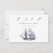 Nautical Ship Illustration Destination Wedding RSVP Kaartje (Voorkant)