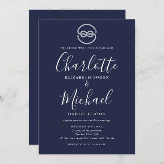 Nautical Ship Knot Navy Blue White Script Weddensc Kaart (Voorkant / Achterkant)