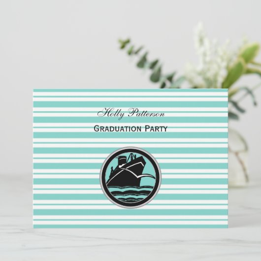 Nautical Ship Lt Blue White Stripe H Afstuderen Kaart (Staand voorkant)